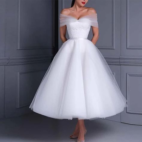 Reception Wedding Dresses Little White Dresses Ball Gown Off Shoulder Cap Sleeve Tea Length Lace Bridal Gowns With Pleats Appliques Summer Fall Wedding Party 2023, Women's Clothing 2023 - US $143.99 Curvy Tea Length Wedding Dress, Medium Length Wedding Dress, 1960s Wedding Dresses, Tea Length Tulle, Satin Bridal Gowns, Cheap Wedding Dresses Online, Wedding Dress Store, Tea Length Wedding, Wedding Reception Dress