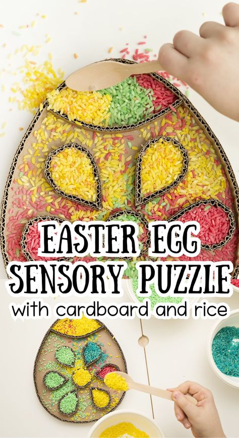 Cardboard and Rice Easter Egg Sensory Puzzle - In The Playroom Sensory Puzzle, Easter Egg Activities, Easter Inspiration Decor, Sensory Rice, Animal Movement, Easter Activity, Rainy Day Fun, Activities For Girls, Activities For Boys