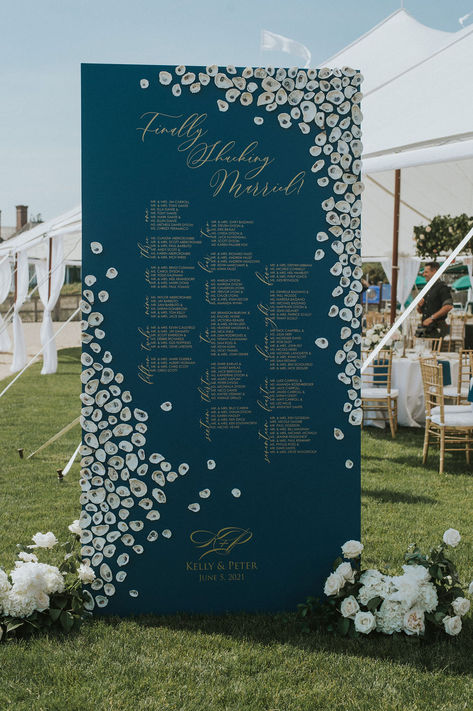 Free standing wedding seating chart adorned with hand picked connecticut oyster shells. Madison Beach Club ocean front backdrop for this stunner of a Installation and best ocean blue color. Photo: @stevedepino Planner: @acedevents Flowers: @flowersbyjustine Oyster Seating Chart Wedding, Oyster Shell Seating Chart, Oyster Seating Chart, Beach Wedding Seating Chart, Ocean Blue Color, Planning Board, Nautical Map, Wall Seating, Wedding Vision