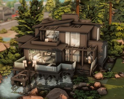 𝐓𝐇𝐄 𝐆𝐎𝐋𝐃𝐄𝐍 𝐀𝐆𝐄 - 𝐁𝐔𝐈𝐋𝐃𝐒 | Modern Lake house 🦦🌲 | noCC 🛠️ packs used: EP: Growing together, Eco living, Island living, Get together, Snowy Escape GP: Spa day SP:… | Instagram Sims 4 Modern Eco House, Sims 4 Lake House, Sulani Beach House, Sims 4 Eco House, Sims 4 Base Game House, Resort Exterior, Desert Luxe, Modern Eco House, Sims Family