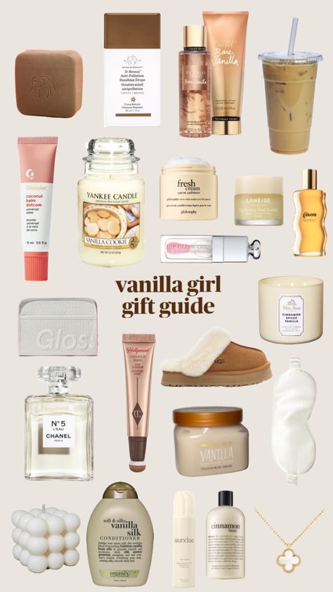 Vanilla Girl Skincare Products, Vanilla Girl Gift Ideas, Clean Girl Gift Ideas, Vanilla Girl Must Haves, Vanilla Girl Amazon Finds, Vanilla Girl Gifts, Vanilla Girl Christmas List, Vanilla Girl Aesthetic Makeup, Vanilla Girl Makeup Products