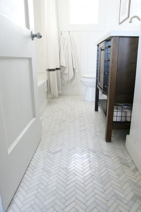 The Most DIY Friendly Bathroom Renovation We've Ever Done! - Chris Loves Julia Herringbone Tile Floors, Architecture Renovation, Bad Inspiration, Herringbone Tile, Upstairs Bathrooms, Up House, Diy Bathroom Decor, Tile Flooring, Bathroom Floor Tiles