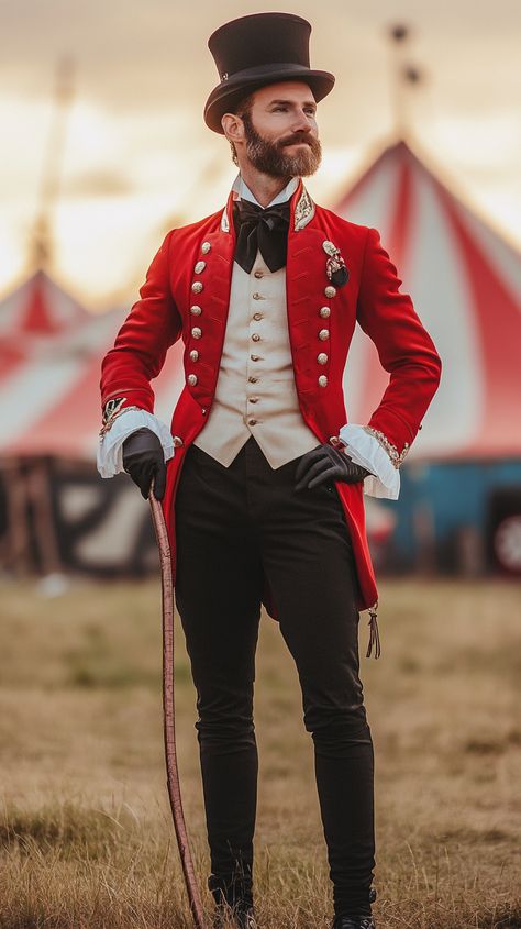 Dazzle in a Leo ringmaster look: bold red tailcoat, iconic top hat, whip in hand, against a big top tent backdrop. Unleash your inner showstopper with circus-inspired flair! Ringleader Outfit Male, Red Tailcoat, Ringmaster Outfit, Tent Backdrop, Juliet Costume, Romeo And Juliet Costumes, Vintage Circus Theme, Ringmaster Costume, Zodiac Fashion