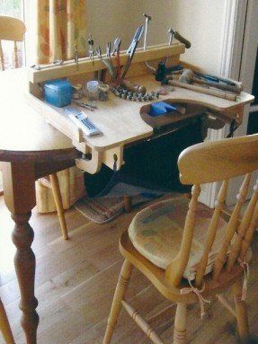 Table top jeweler's bench..made in ENGLAND...a great idea Tabletop Jewelers Bench, Jewelry Bench Workspaces, Craft Bench, Compact Workspace, Jewellery Bench, Jewelers Workbench, Jewelry Bench, Jewelers Bench, Jewelry Table