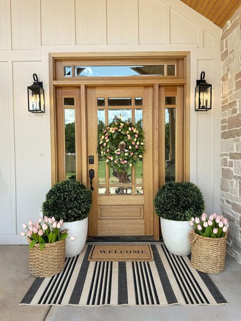 Check out this photo from ourwintonhome Board And Batten Front Porch, Minimal Front Porch, Small Front Porch Decor, Front Door Lighting, Brick Pathway, Porch Life, Outdoor Entryway, Porch Colors, Fairy Lights Bedroom