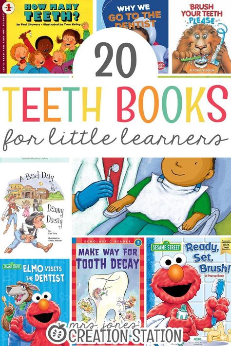 Teaching a teeth unit is an important one. There are many different ways you can explore this unit with your students. These books help to teach kids about germs, their teeth and going to the dentist. Read these books to your students or put them in the classroom or homeschool library and let your little learners look at them themselves. Here are 20 teeth books to help you get started on your teeth unit today. #teeth #books #booksforkids #unitstudy #library #classroom #homeschool Dental Health Books Preschool, Dental Books For Preschool, Teeth Projects For Kids, Teeth Kindergarten, Teeth Preschool, Dental Health Books, Tooth Preschool, Homeschool Library, Health Preschool