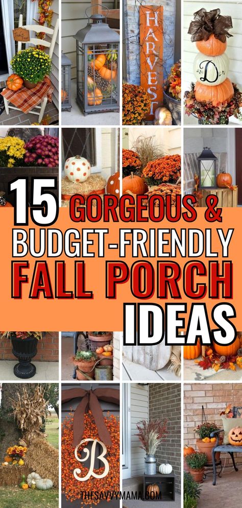 Transform your front doors into a cozy autumn retreat with these 15 budget-friendly fall porch ideas! Whether you're decorating a small space or a rustic setting, these DIY projects will bring a touch of seasonal style to your home. Perfect for adding a cheap and chic vibe to your porch, these ideas are easy to implement and perfect for anyone looking to embrace the cozy feel of autumn. Start your fall decorating project today! Front Porch Seasonal Decorating Ideas, Outdoor Fall Bench Ideas, Cute Fall Front Porch Ideas, Front Door Step Decor Ideas, Fall Diy Front Porch Decor, Fall Porch Decor No Steps, Front Porch Vases Decorating Ideas, Homemade Outdoor Fall Decorations, Fall Themed Front Porch