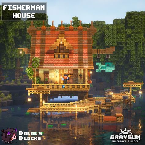 Minecraft Beachfront House, Fisherman Build Minecraft, Fisherman’s House Minecraft, Minecraft Villager Fisherman House, Minecraft Sea House Ideas, Minecraft Bait Shop, Fishing Building Minecraft, Beachside House Minecraft, Villager Proffesions Minecraft