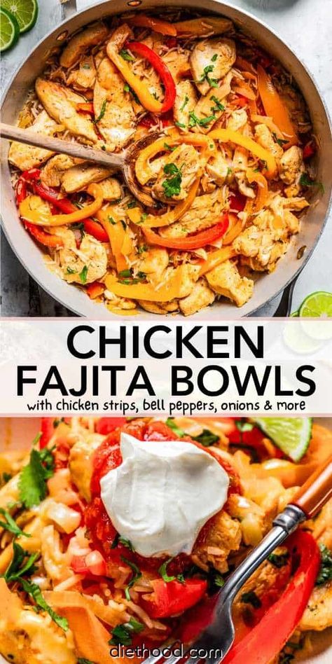 Sizzling chicken fajita bowls are a one-pan dinner with juicy seasoned chicken, peppers, and onions tossed with ranch and served with rice! #chickenfajitabowls #fajitabowls #mexicanbowlrecipe Chicken Fajita Bowl Recipe, Chicken Fahita, Mexican Bowl Recipe, Chicken Rice Bowl Recipe, Chicken Fajita Rice, Diethood Recipes, Fajita Bowl Recipe, Chicken Peppers And Onions, Fajitas Chicken