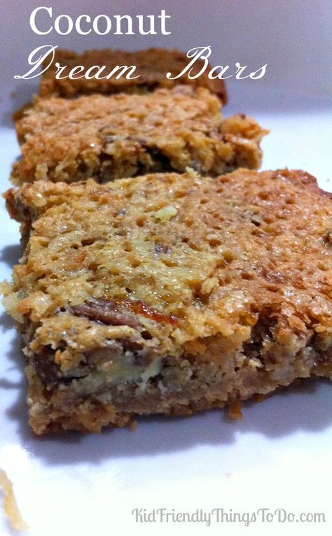 Dream Squares Recipe, Coconut Pecan Dream Bars, Squares With Coconut, Sweet Baking Recipes, Coconut Dessert Bars, Coconut Dream Bars, Coconut Cream Bars, Dream Bars Recipe, Coconut Bars Recipe