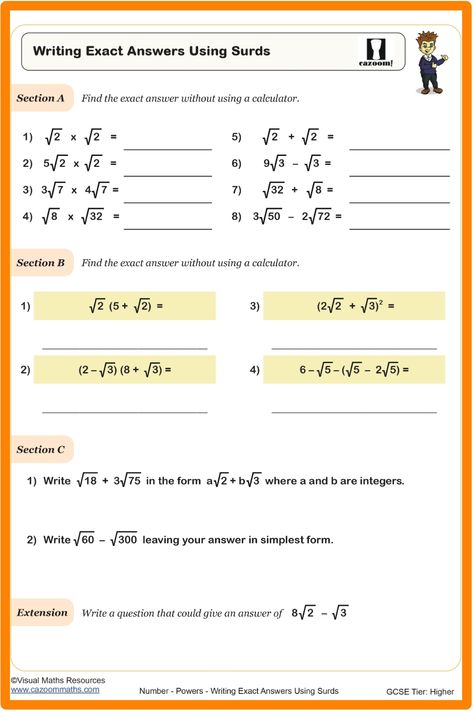 Writing Exact Answers Using Surds worksheet Year 9 Maths Worksheets, 9th Grade Math, Time Concept, Maths Worksheets, Like Terms, Year 9, 9th Grade, Math Problems, Math Worksheet