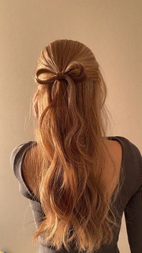 Bow In Hairstyle, How To Do Ribbon Hairstyle, Prom Bow Hairstyle, Bow With Hair Hairstyles, Hair Into Bow Tutorial, Bow Hair Ponytail, How To Make Your Hair Into A Bow, Easy Hairstyles For Blonde Hair, How To Make Bow With Hair