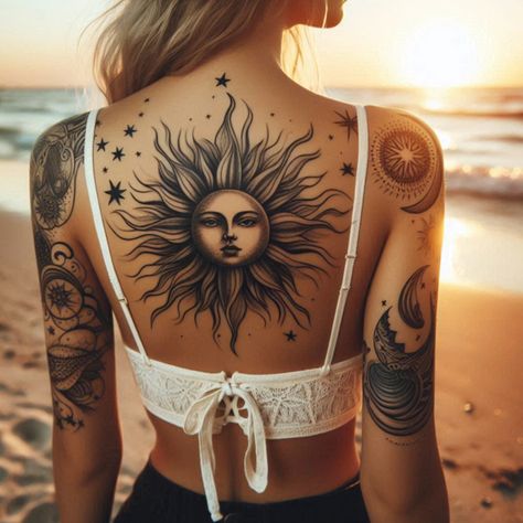 Vibrant sun tattoo inspiration to bring warmth to your ink. #SunTattoo #VibrantTattoo #TattooDesigns #TattooIdeas #TattooArt Sun Tattoo Sleeve, Hippie Sun Tattoo, Coraline Flash Tattoo, Coraline Flash, One Direction Tattoo, Direction Tattoo, Tattoos Elegant, Flash Tattoo Ideas, Small Dainty Tattoos