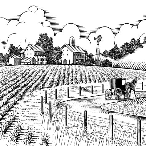 amish landscape paintings | Illustration of Farm House and Amish Buggy Farm Scenery, Amish Farm, Farm Landscape, Drawing Scenery, Scenery Drawing, Barn Art, House Sketch, Engraving Illustration, التصميم الخارجي للمنزل