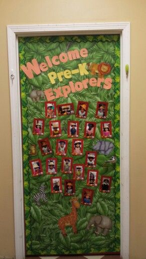 My August classroom door,  Welcome to school, jungle,  safari, prek,  kindergarten Safari Animal Classroom Theme, Welcome To The Jungle Theme Classroom, Jungle Kindergarten, Jungle Classroom Door, Jungle Safari Theme Classroom, Class Room Door, Jungle Theme Classroom Decorations, Room Door Ideas, Rainforest Classroom