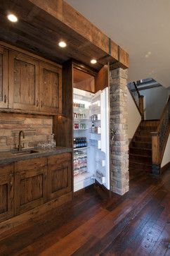 Hidden Refrigerator, Hidden Fridge, Basement Bars, Rustic Architecture, Kitchens Cabinets, Rustic Basement, Basement Reno, Patio Couch, Basement Kitchen