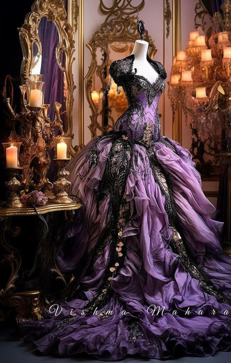 Purple Ballgown, Vishma Maharaj, Gothic Ball Gown, Fantasy Cottagecore, Goth Wedding Dresses, Steampunk Wedding Dress, Gothic Fashion Victorian, Victorian Wedding Dress, Purple Wedding Dress