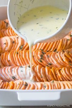 How To Make The Best Garlic Butter Scalloped Sweet Potatoes Recipe #ASpicyPerspective #Thanksgiving Layered Sweet Potato, Scalloped Sweet Potato Casserole, Sliced Sweet Potato Recipes, Scalloped Sweet Potato Recipes, Sweet Potato Side Dishes, Sweet Potato Recipes Thanksgiving, Keto Potatoes, Best Garlic Butter, Sweet Potato Sauce