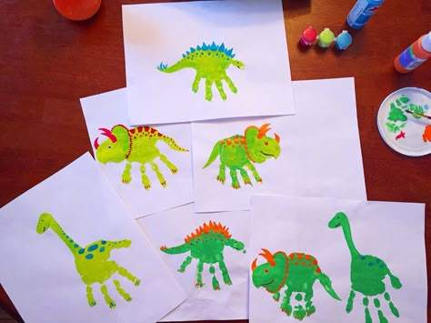 Dinosaur handprints!                                                                                                                                                                                 More Dino Handprint Craft, Hand Print Dinosaur, Dinosaur Hand Print, Dinosaur Footprint Art, Handprint Dinosaur, Dinosaur Handprint Art, Hand Print Art, Dino Room, Dinosaur Books