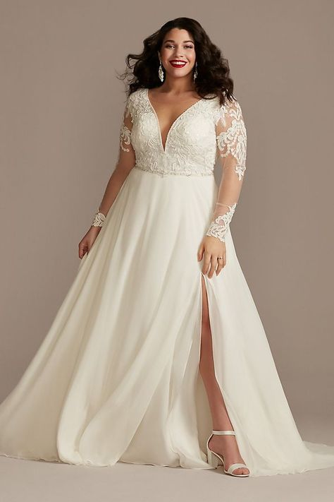 Long Sleeve Lace Applique Plus Size Wedding Dress | David's Bridal Chiffon Skirt Wedding Dress, Plus Wedding Dresses, Plus Size Wedding Dress, Wedding Dress Style, Davids Bridal Wedding Dresses, Boda Mexicana, Chiffon Wedding Dress, Lace Chiffon, Sleeve Wedding Dress