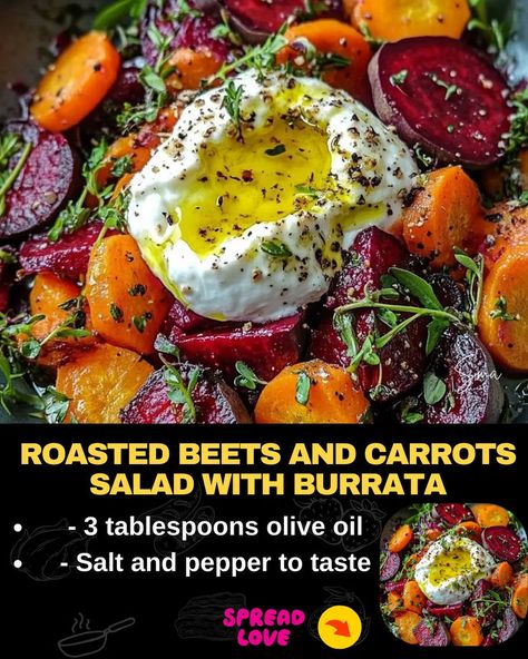 Roasted Beets and Carrots Salad with Burrata Roasted Beets And Vegetables, Beets And Burrata Salad, Roasted Beet And Burrata Salad, Roasted Beets And Carrots With Burrata, Roast Beetroot Salad, Fall Beet Recipe, Beet And Burrata Salad, Carrot Beet Salad, Roasted Beet Salad With Goat Cheese