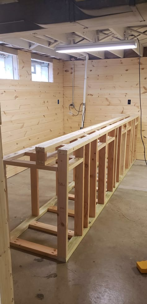 How To Frame A Bar, Bar Frame Ideas, Diy Bar On Wheels, How To Build A Bar, L Shaped Bar Basement, Diy Basement Bar Plans, L Shaped Bar Plans, Homemade Bar Ideas, Bar Diy Ideas