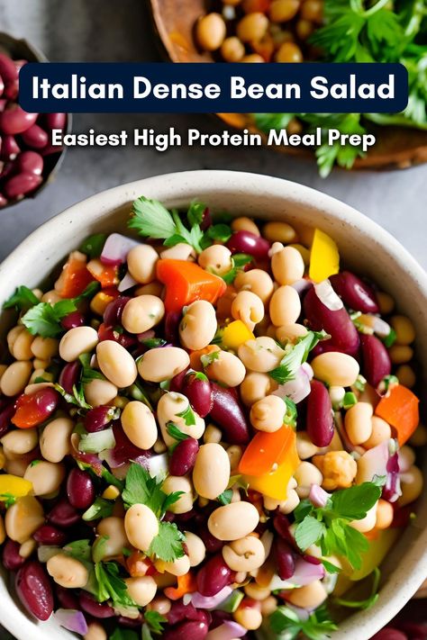 The Italian Dense Bean Salad combines cannellini beans, kidney beans, chickpeas, and giardiniera for a tangy, protein-rich dish. Tossed with parsley, herbs, and olive oil, it’s perfect for meal prep, staying fresh for 3-5 days. Each serving offers around 10g of protein, making it a flavorful and nutritious option. Cannellini Bean Salad Recipes, Dense Bean Salad, Easy High Protein Meal Prep, Canellini Beans, Cannellini Beans Recipes, Cannellini Bean Salad, Bean Salads, Italian Beans, Protein Meal Prep