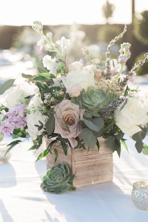 Eucalyptus And Lilac Centerpiece, Rustic Floral Centerpieces, Lavender Wedding Centerpieces, Beach Inspired Wedding, Lavender Centerpieces, Rooftop Wedding Ceremony, Succulent Wedding Decor, Lavender Wedding Theme, White Wedding Centerpieces