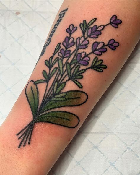 Texas Sage Tattoo, Neo Traditional Lavender Tattoo, Lavender American Traditional Tattoo, Lavender Flash Tattoo, American Traditional Lilac Tattoo, Dried Lavender Tattoo, Patchouli Flower Tattoo, Lavender Tattoo Queer, Lavender Tattoo Forearm