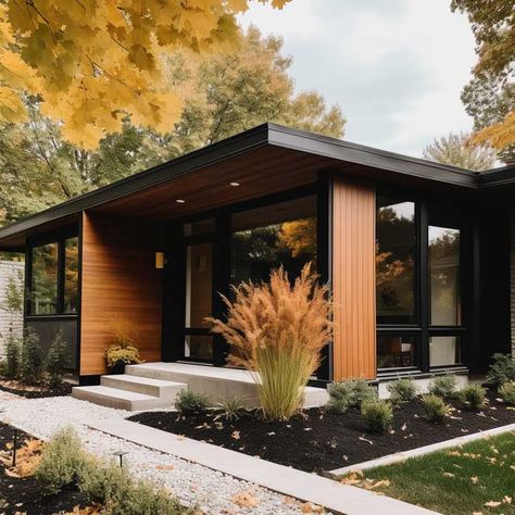 Mid Century Atrium Entry, Mid Centric Modern House Exterior, Mcm Ranch Exterior, Black And Cedar House Exterior Modern, Mid Century Modern Farmhouse Exterior, Modern Prairie Home Exterior, Mcm Exterior Siding, Mid Century Modern Bungalow Exterior, Mid Century Exterior House