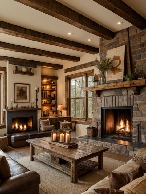 Great Room Ideas Farmhouse, Rustic House Farmhouse Living Room, Cozy Living Rooms Cabin, Big Country Living Room, European Farmhouse Living Room Interior Design, Cozy Vaulted Ceiling Living Room, Cozy Great Room With Fireplace, Cozy House Aesthetic Living Room, Earthy Farmhouse Living Room