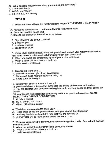 Test C Learners Licence | PDF | Traffic | Road Learners Licence Test South Africa, Learners Licence, Licence Test, Driving Instructions, Multiple Choice Questions, Speed Limit, Traffic Signs, Choice Questions, Road Signs