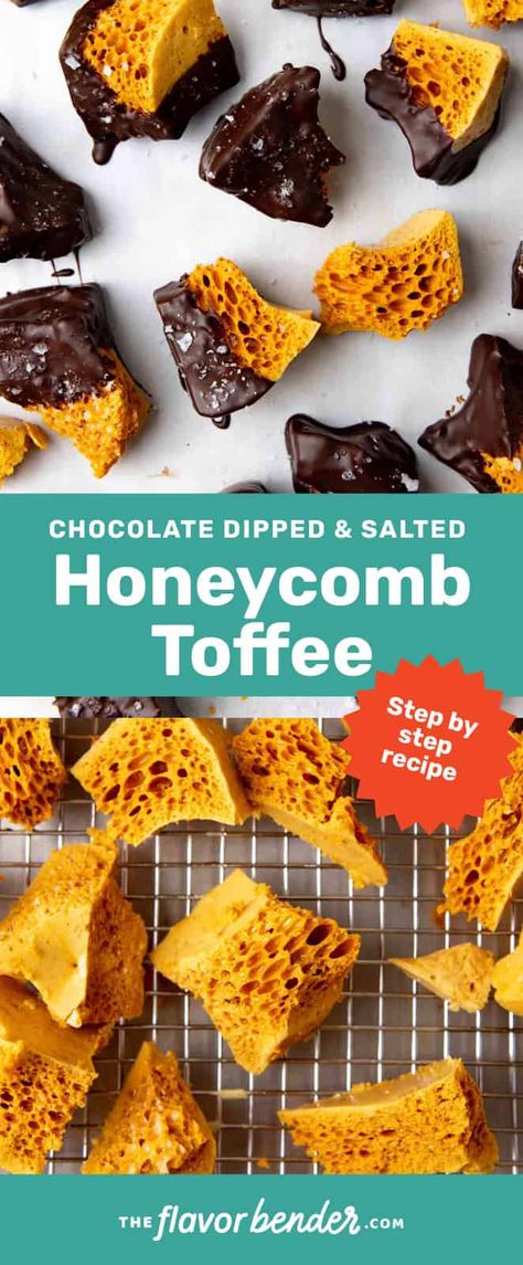 Honeycomb Toffee, Sponge Toffee, Honeycomb Recipe, Honeycomb Candy, Salted Toffee, Easy Candy Recipes, Toffee Recipe, Chocolate Coating, Candy Recipes