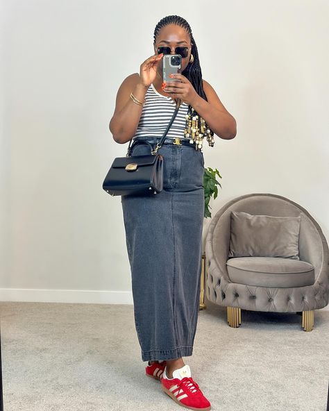 Ideally I should not buy any denim skirt ever again but they got me on choke mood😩😩 What’s not to love about them though?😋 Maxi denim skirt @hm Body suit @zara Bag @coach Sunglasses @burberry Sneakers @adidas #styleinfluencer #instastyles #denimskirt #denimstyle #summerstyle #outfitlook #outfitideas4you Denim skirt, body suit, ladies style, outfit idea , how to style , what to wear, adidas spezial, ootd, ootdblogger Denim Skirt And Sneakers Outfit, Denim Skirt Outfit Plus Size, Plus Size Denim Skirt Outfit, Sunglasses Burberry, Maxi Denim Skirt, Burberry Sneakers, Zara Bag, Ladies Style, Denim Skirt Outfits