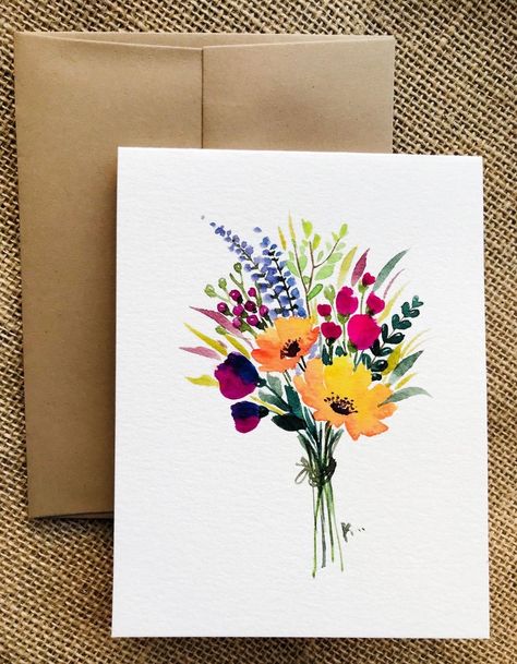 Cards With Flowers, Card Painting, Painted Cards, Flowers Painted, Flowers Illustration, Cat Air, Seni Cat Air, 수채화 그림, Trendy Flowers