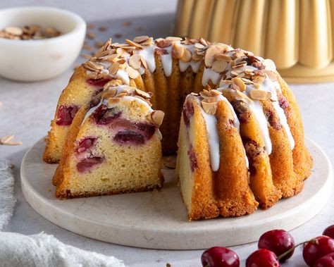 Cherry-Almond Bundt Cake - Bake from Scratch Cherry Almond Bundt Cake, Almond Bundt Cake, Fresh Desserts, Bakery Sweets, European Dishes, Pudding Ice Cream, Tea Cakes Recipes, Scratch Recipes, Bake Cake