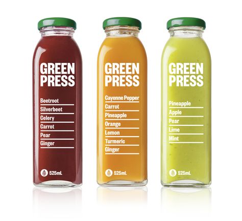 Designer Angus Nicholls helped smoothie and juice bar Green Press,  create their first bottle packaging and brand identity.   Known for specializing in healthy, positive eating (and its cold pressed  juice) it was important for Green Press to exhibit the natural ingredients  of its products to consumers. Packaging Bottle, Juice Branding, Juice Packaging, Nourishing Foods, Pressed Juice, Cold Pressed Juice, Juice Recipes, Juice Bar, Beverage Packaging