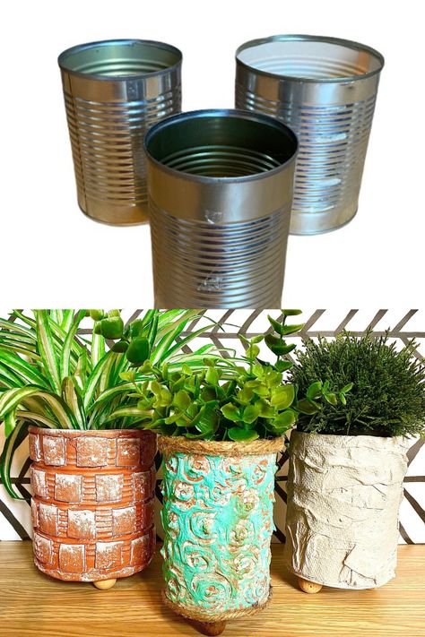 Tin Can Pots Planters, Paint Can Repurpose, Tim Can Planters, Painting Tin Cans Diy Planters, Painted Tin Cans Diy, Tin Planters Ideas, How To Paint Tin Cans, Homemade Planters Diy Ideas, Painted Tin Can Planters