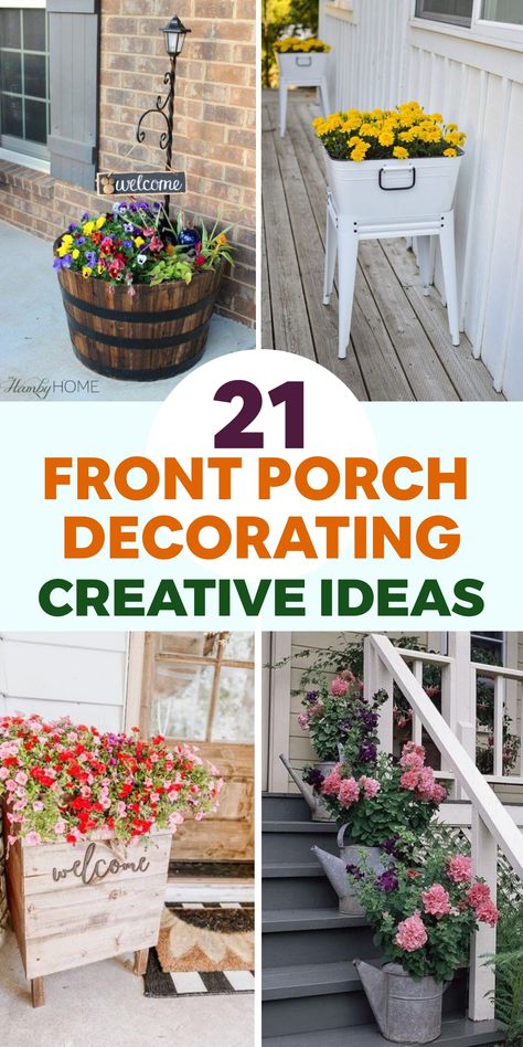 Elevate your home's curb appeal with inspiring front porch decor ideas that will warmly welcome your guests. Transform your entryway into a cozy retreat by incorporating inviting elements like a charming porch swing or a pair of rocking chairs adorned with colorful cushions and seasonal wreaths. Create an outdoor sanctuary perfect for relaxing and entertaining, where you can unwind in style all year round. Upgrade your space with simple yet elegant touches that capture the essence of each season Planter Crafts Diy Projects, Welcome Planter Box Diy, Porch Plants Ideas, Narrow Porch Decorating Ideas, Easy Diy Front Porch, Modern Mailbox Diy, Small Front Porch Decorating Ideas, Small Front Porch Decor, Porch Seating