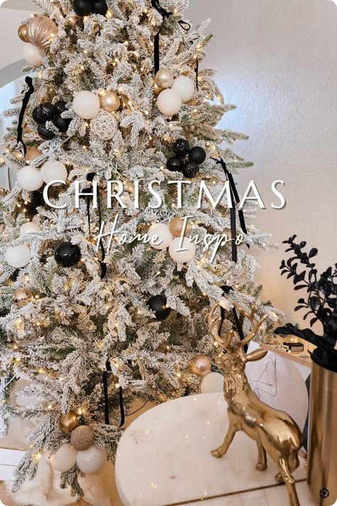 Brown White And Gold Christmas Tree, White Gold Black Christmas Decor, Frosted Christmas Tree With Black Ornaments, Flocked Christmas Decor Ideas, Black Velvet Bows On Christmas Tree, Tan And Black Christmas Tree, Black And Gold Flocked Christmas Tree, White Gold Black Christmas Tree, Black Gold And White Christmas Decor