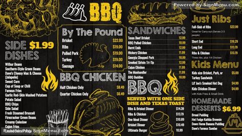 BBQ Chalk #menu for #digitalsignage for #restaurant. Bbq Menu Design, Bbq Restaurant Design, Menu For Restaurant, Chalk Menu, Bbq Shop, Food Truck Menu, Digital Menu Boards, Bbq Catering, Bbq Menu