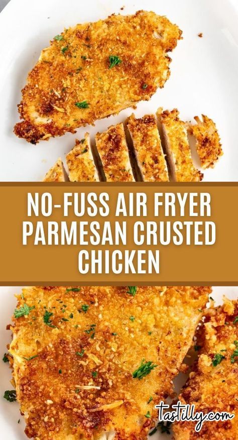 Ease into your week with this quick and easy Air Fryer Parmesan Crusted Chicken. With only 5 minutes of prep time and 12 minutes of cooking time, you can have an extra crispy chicken entree on the table in less than 20 minutes. Simple pantry staples turned restaurant-quality entree! Parmesan Chicken In Air Fryer, Chicken Air Fried Recipes, Crispy Parmesan Crusted Chicken, Air Fryer Chicken For Alfredo, Air Fried Parmesan Crusted Chicken, How To Make Chicken In The Air Fryer, Airfryer Chicken Recipes Healthy, Quick Dinner Ideas Air Fryer, Roasted Chicken Air Fryer