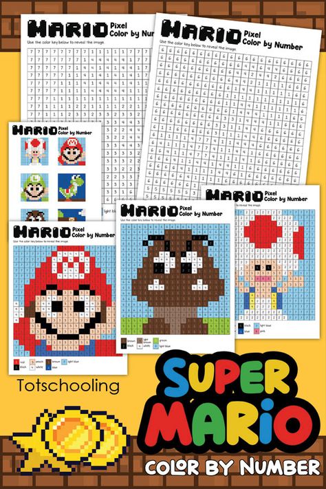 Mario Math Worksheets, Bowser Color By Number, Video Game Printables Free, Mario Math Activities, Mario School Activities, Super Mario Worksheets Free Printables, Mario Theme Activities, Mario Stem Activities, Super Mario Bros Crafts For Kids