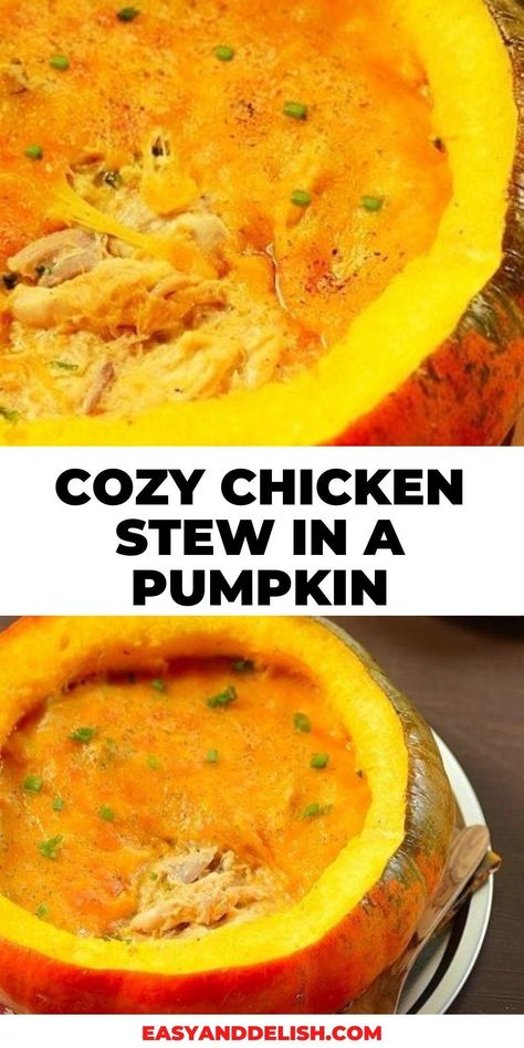 A cozy chicken stew served in a pumpkin shell, making a comforting Autumn dinner and a great way to use pumpkins. Get the recipe now!  #chickenrecipes #chickenstew #dinnerrecipes #easydinner #glutenfreedinner #brazilianrecipes Chicken In Pumpkin, Pumpkin Soup With Chicken, Pumpkin Stew In A Pumpkin, Pumpkin And Chicken Recipes, Pumpkin Chicken Recipes, Stew In A Pumpkin, Roast Whole Pumpkin, Chicken Varieties, Dinner In A Pumpkin