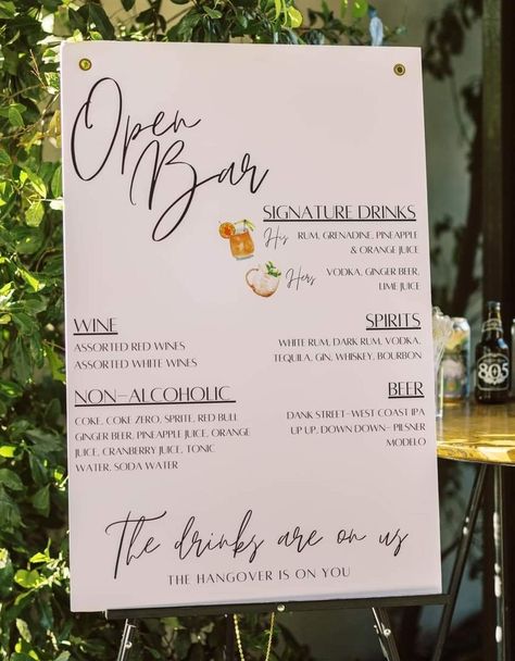 Alcohol For Wedding Reception, 40th Birthday Signature Drink, Cocktail List Wedding Sign, Cocktails For Wedding, Self Serve Alcohol Bar Wedding, Beer Wine Signature Drink Wedding, Funfair Wedding, Bar Wedding Ideas, Engagement Party Drink