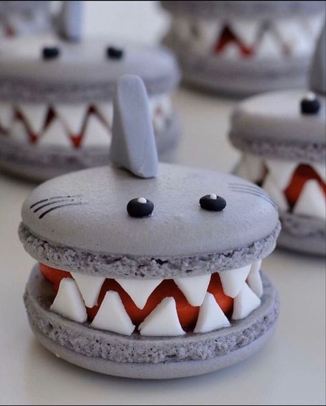 Shark Macarons, Shark Desserts, Shark Treats, Shark Week Recipes, Mark Birthday, Shark Cakes, Shark Things, Shark Birthday Cake, Shark Themed Birthday