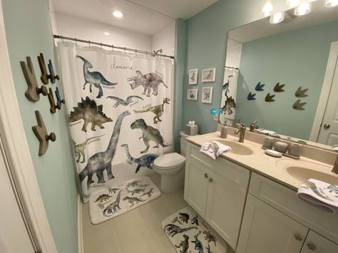 Dino Themed Bathroom, Theme Bathroom Ideas Fun, Dino Shower Curtain, Dinosaur Theme Bathroom, Dino Bathroom Decor, Kid’s Bathroom Ideas, Dino Bathroom Ideas, Dinosaur Themed Bathroom, Boy Nursery Ideas Dinosaur