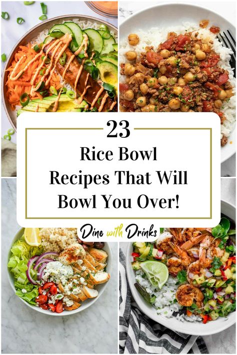 Collage of 4 rice bowl recipes. Rice Power Bowl Recipe, Rice And Meat Bowls, Loaded Rice Bowls, Healthy Dinner Recipes Rice Bowl, Healthy Dinner Rice Recipes, Easy Dinner Recipes Rice Bowls, Meals In A Bowl Recipes, Summer Dinner Bowl Recipes, Easy Weeknight Bowls