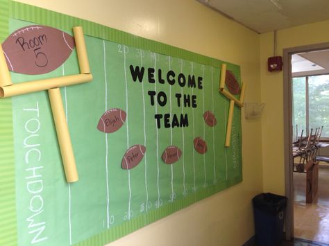 Welcome back bulletin board. Football theme Kicking Off A Great Year Bulletin Board, Football Field Bulletin Board, Classroom Decor Sports Theme, Sport Theme Bulletin Board Ideas, Football Back To School Bulletin Board, Back To School Football Theme, Sports Themed Hallway Decorations, Sport Themed Bulletin Boards, Football Themed Classroom Door