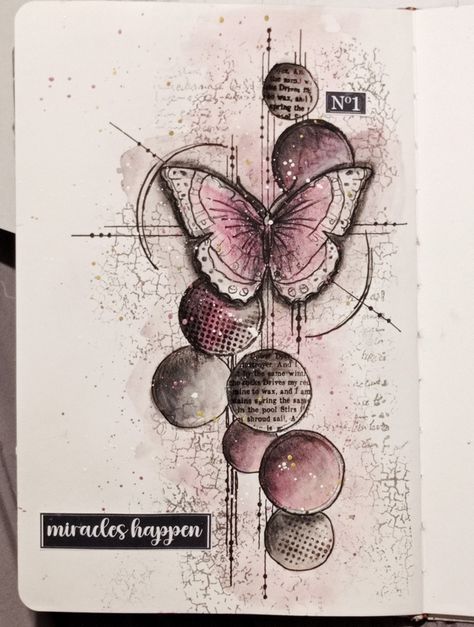 Butterfly, art journal pink, grey, black, circle Butterfly Art Journal, Quilt Postcards, Lavinia Cards, Scrapbook Gallery, Handmade Journals Diy, Memory Boxes, Steampunk Crafts, Mixed Media Cards, Art Journal Cover